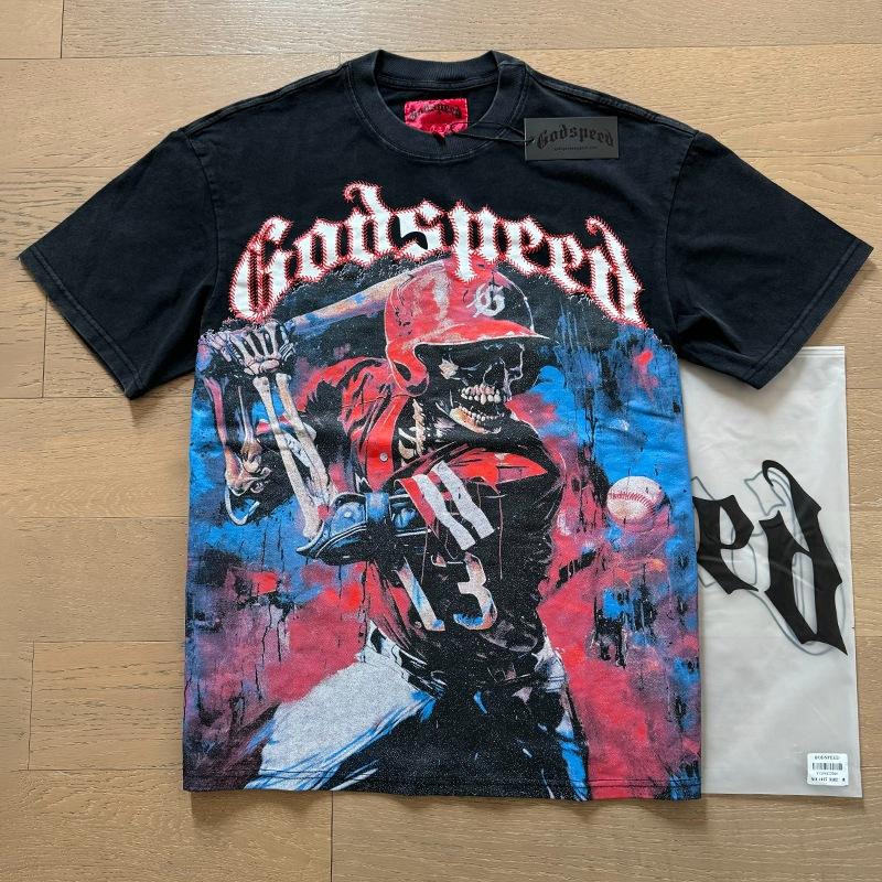Godspeed retro printing foreign trade beauty tide high street men and women casual trend hip hop apricot old short sleeve T-shirt
