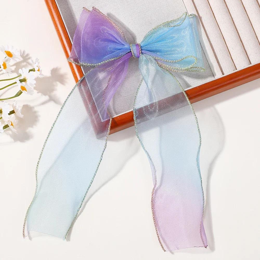 1PCS Rainbow Chiffon Bow Ribbon Hair Clips for Women Girls Cute Colorful Long Tassel Ponytail Hairpins Headwear Hair Accessories