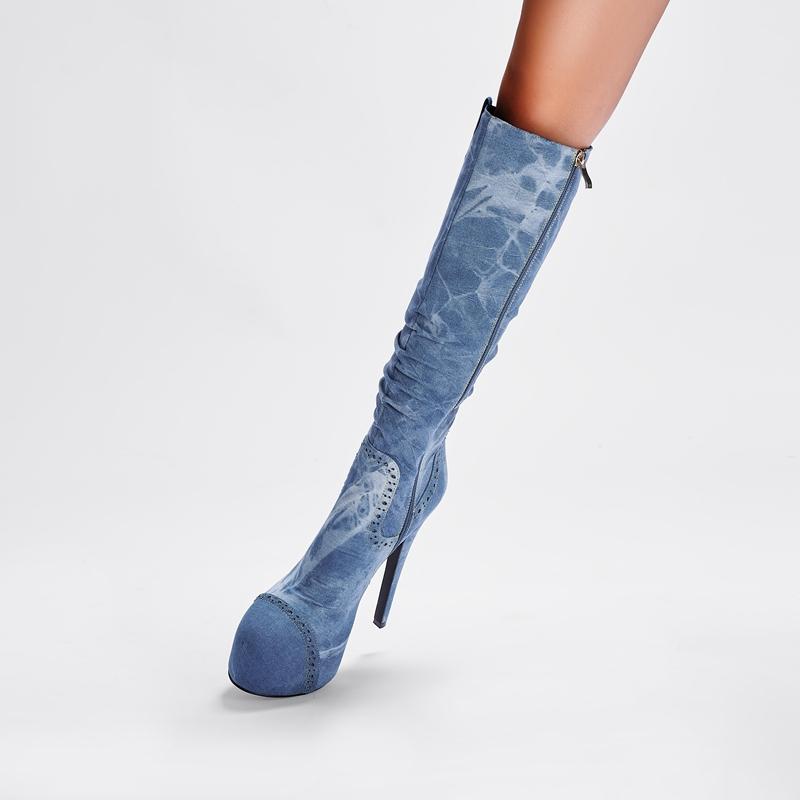 Fashion Kaky's New Round Head Waterproof Platform Denim High Heel Women's Boots Large High Barrel Boots Long Boots