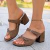 Temperament Scrub Leather Block Heel Slippers Women's Round Toe Open Toe Anti-slip Wear-resistant High Heels