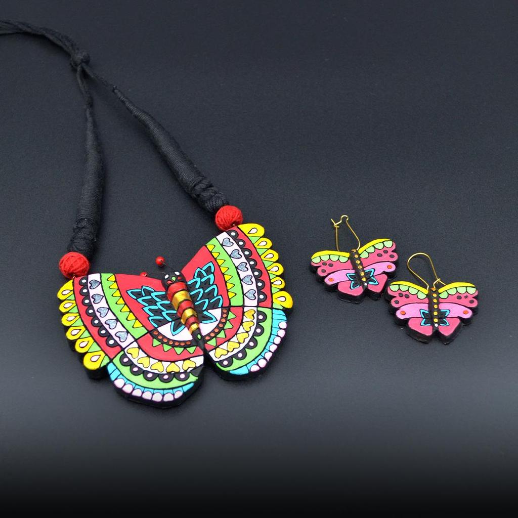 Handmade Clay Butterfly Necklace Earring Set