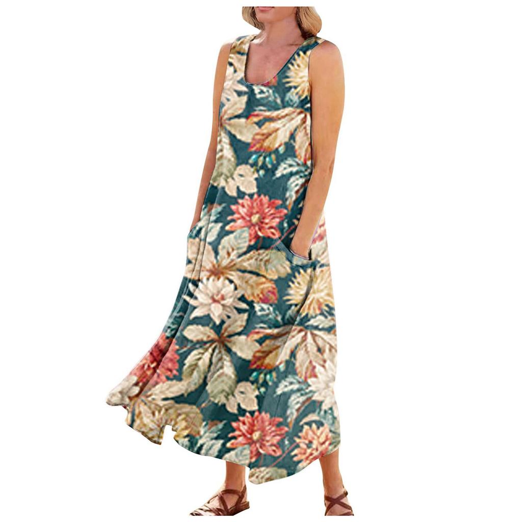 Fashion Summer Casual Comfortable Flower Print Sleeveless Cotton With Pocket Beach Dress For Women