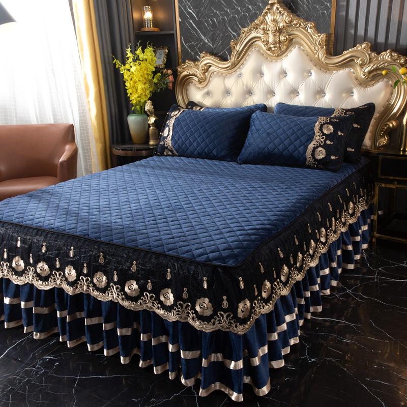 Winter Crystal Velvet Single-piece Padded Lace Bed Skirt Thickened Thermal Mattress Cover Mattress Cover Non-slip Bed Cover Pad