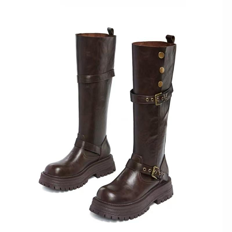 Spot version~ Leather thick-soled Maillard boots women's 2025 spring and autumn retro velvet versatile tall knight boots