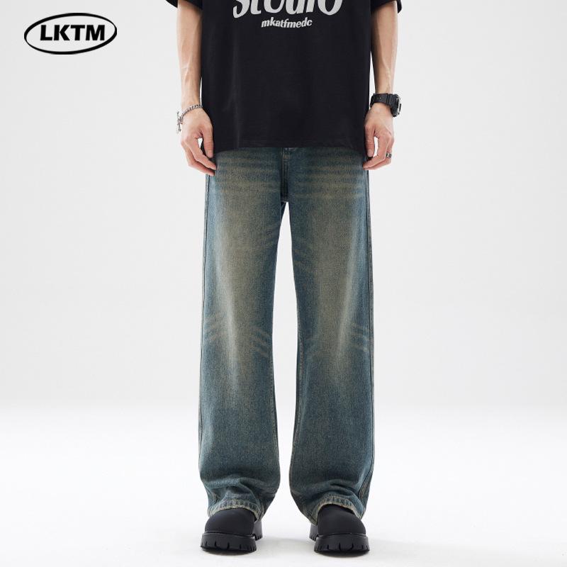 

LKTM Men s Washed Distressed Loose Fit Jeans - American Retro Streetwear Micro Flare Pants XL (135-150 jin)