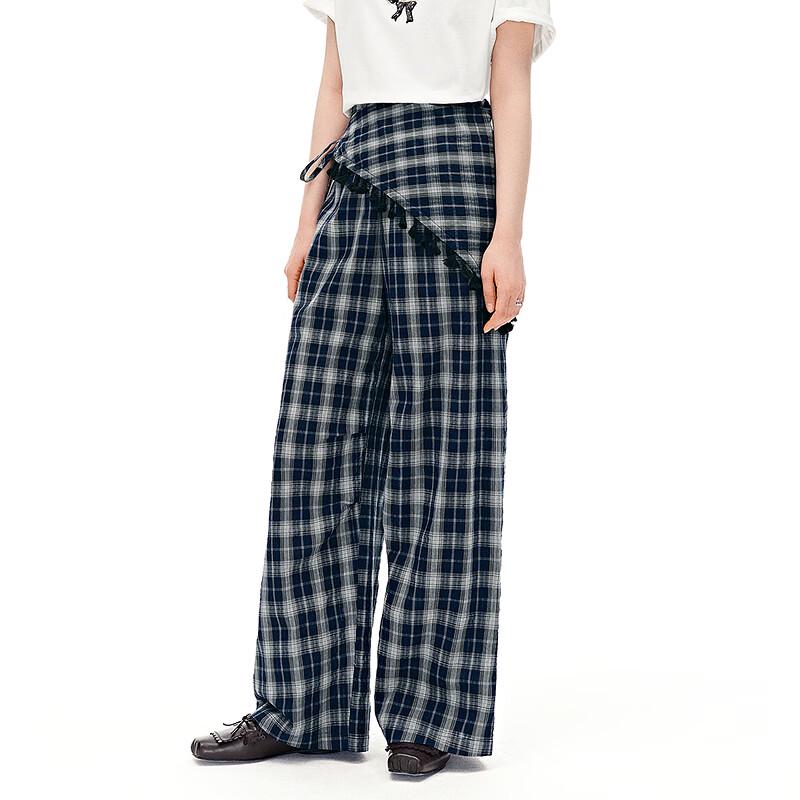 Ledian Color-Block Plaid Wide-Leg Casual Pants