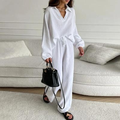 Elegante Dames Casual Los Pak Vrouwen Top met Lange Mouwen + Broek met Trekkoord Pak Lente en Herfst Revers Tweedelig Pak