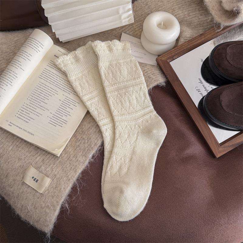 White Lace Stockings - Children's Mid-length Stockings, Pile Stockings, Winter Thick and Warm Wool Stockings, Long Stockings