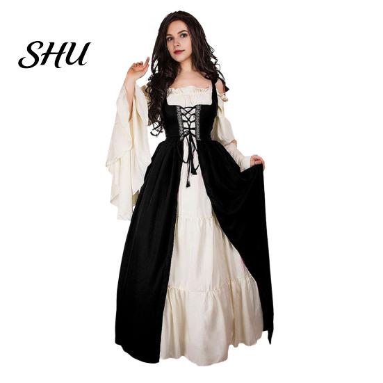 Maxikleid 1 Set Damen Raffung Rand Quadratischer Ausschnitt Enge Taille Fließende Ärmel Vintage Schnürung Patchwork Renaissance Mittelalter Hof Treu Halloween