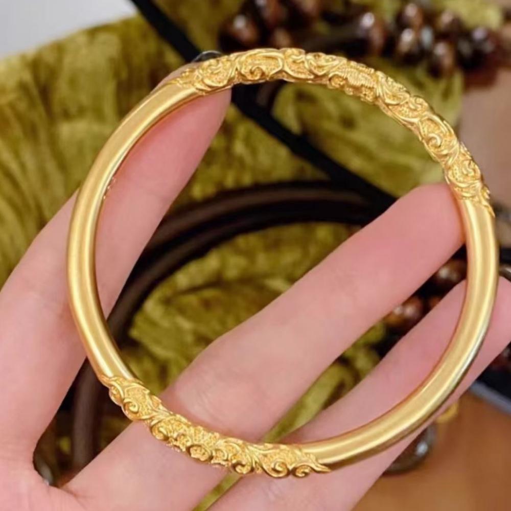 24k Guld Färg Snidad Blomma Rund Cirkel Manschett Armbandsarmband för Kvinnor Bröllopsmycken Festpresenter Grossist