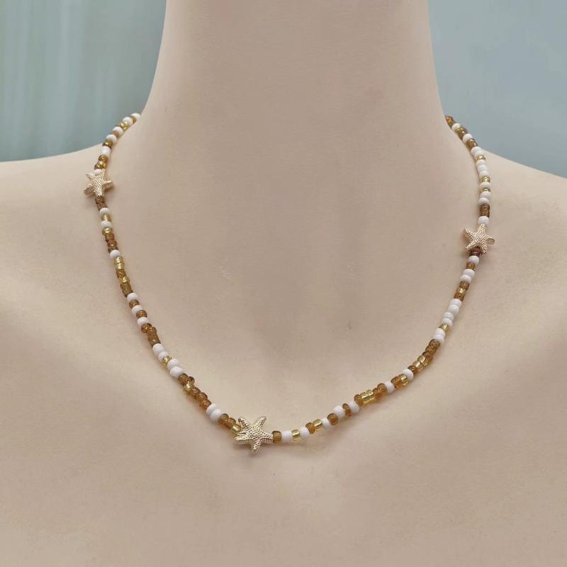 Bohemian Rice Beads Starfish Pendant Necklace for Women Handmade Imitation Pearl Colorful Beaded Choker Summer Beach Jewelry