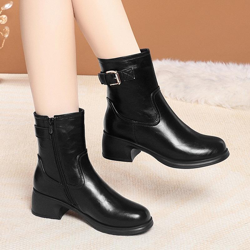 Round Head French Short Boots Women's Autumn and Winter, New Versatile Velvet Thin Boots Thick Heel Ankle Bare Boots