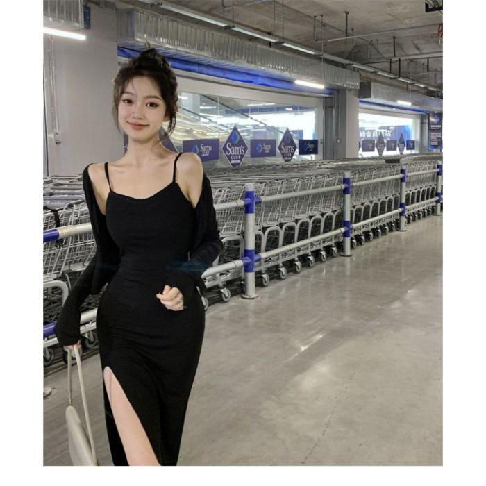 

Spicy Girl 2025 Summer Slit Strap Dress & Cardigan Bodycon Two-Piece Set XL