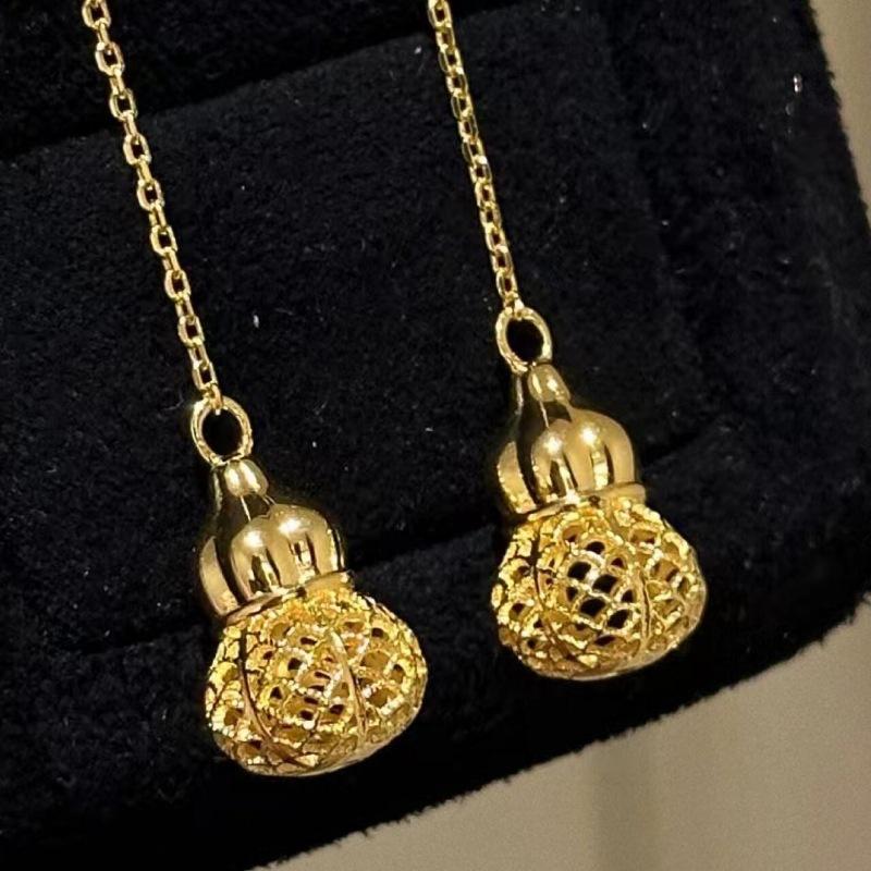 Light Luxury Glossy Retro Hollow Gourd Necklace Earrings For Women Antique Gold Crafts High Quality Collar Chain Jewelry Sets