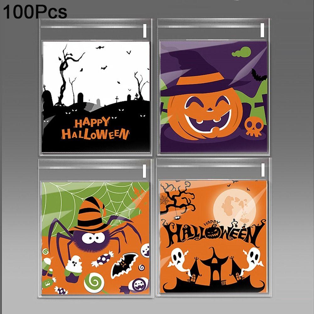 100Pcs Self-adhesive Trick or Treat Bags Plastic Candy Cookie Bags Halloween Candy Bags  Party