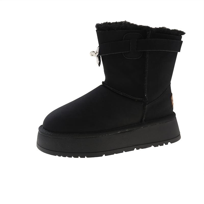 

Женские зимние ботинки средней высоты с меховой вставкой на толстой подошве 2024 года, теплые короткие бархатные ботинки из хлопка Northeast Mao Mao 35 чёрный