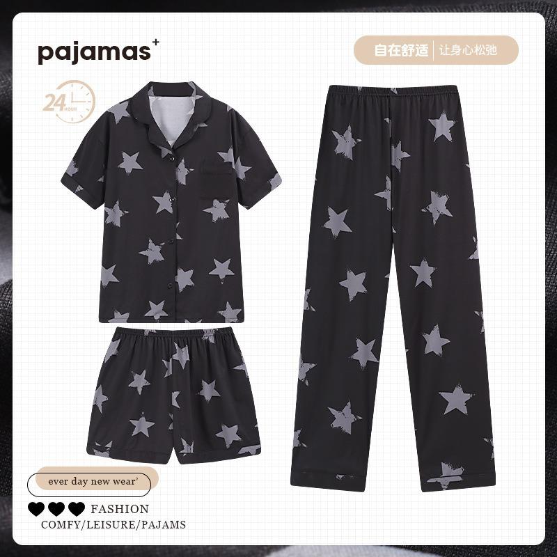 

Sweet and cool girl stars full of printing spring and summer pajamas women s imitation cotton short-sleeved three-piece black loungewear 2XL [Recommended 135-75kg]