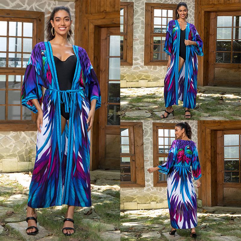 

Женский хлопковый кардиган средней длины с принтом, для пляжа, европейский и американский стиль, 2025 One Size