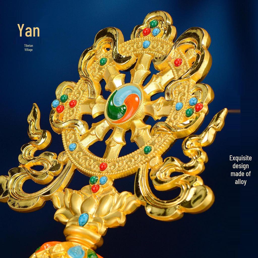 Tibetan Auspicious Symbols: Eight Treasures Golden Wheel Ornament for Home Altar Decoration