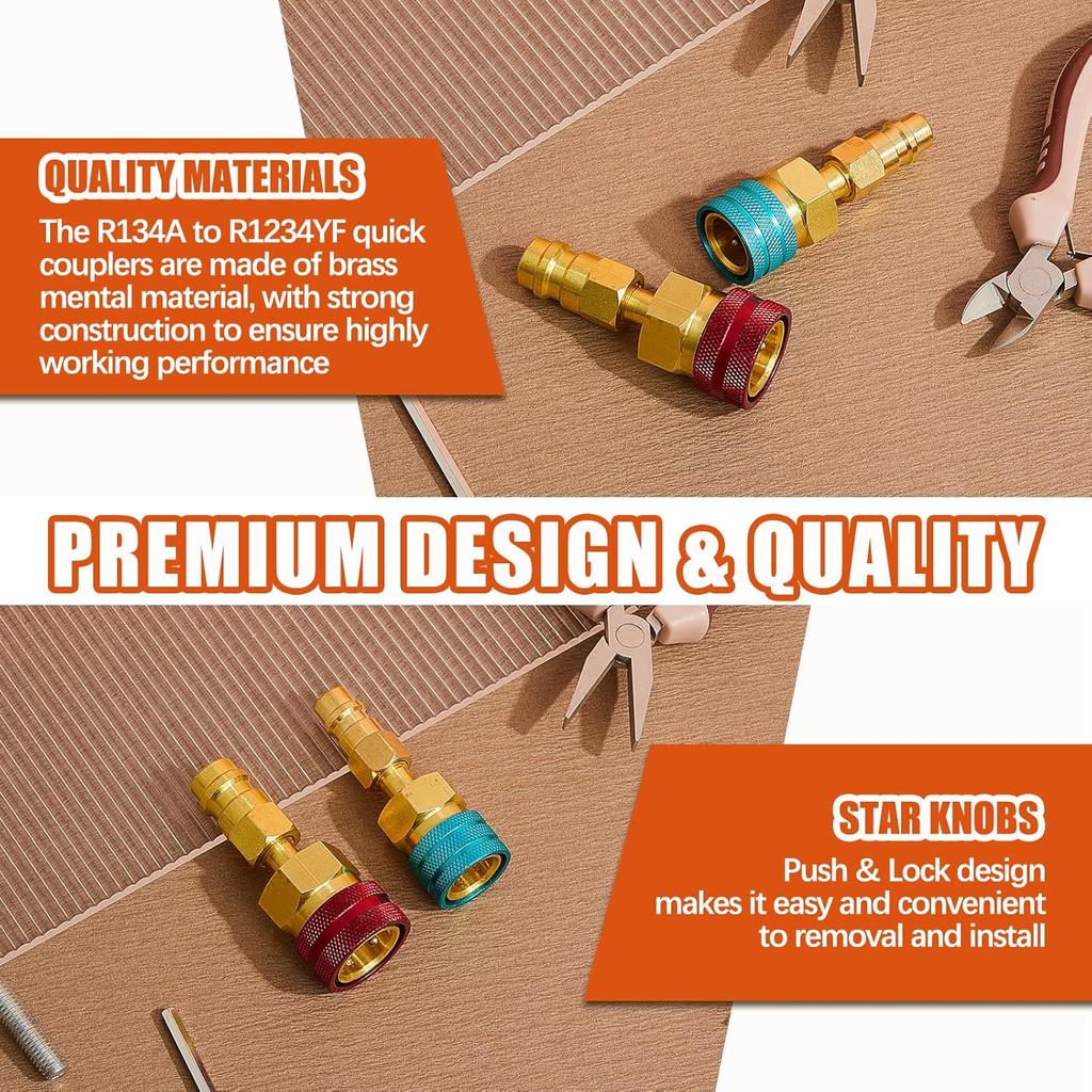 R1234yf Adapter Kit, R1234yf To R134a Conversion Quick Couplers, Blue and Red High Low Side Connector Conversion for Car Air Conditioning System