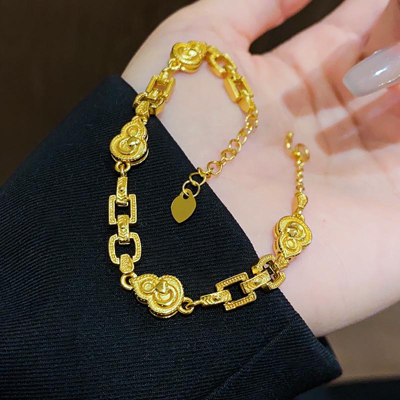 24K Gold-Plated Gourd Bracelet: New Chinese Style Retro Bangle, Light Luxury High-End Jewelry for Women