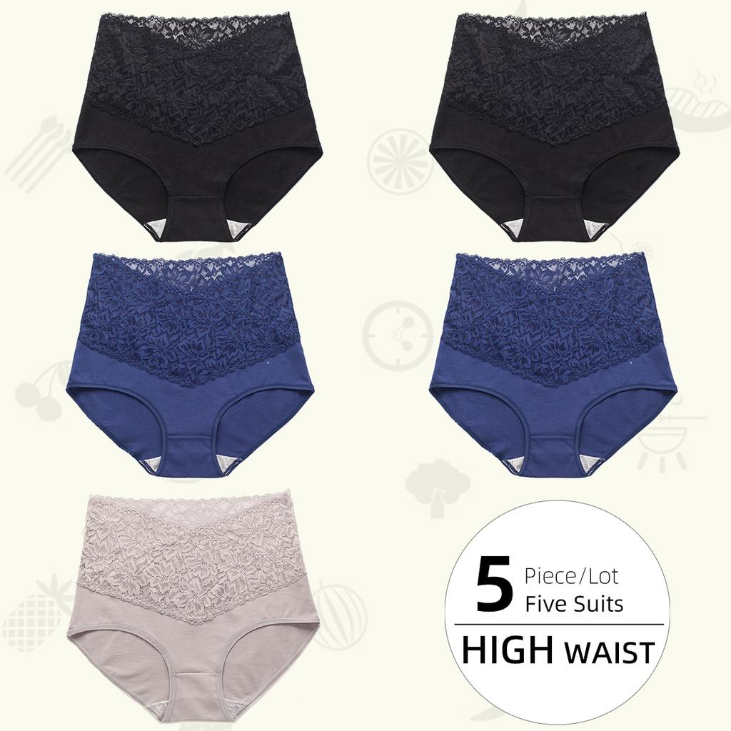 Women High-waist Lace Panties Pure Cotton Crotch Panty Briefs Front and Back Leak-proof Underwear Women‘s Underpants
