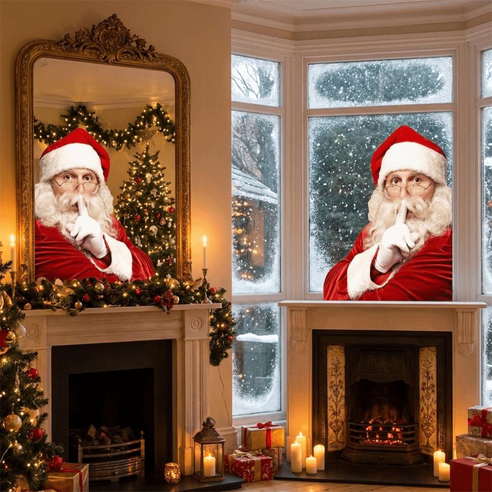 Double-Sided Visible Static Cling Window Sticker 2D Flat Peeking Santa Claus Living Room