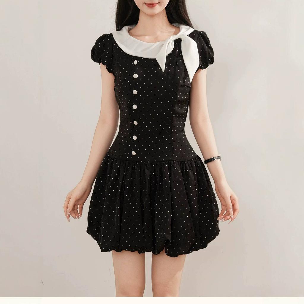 Thousand Gold Wind Bow Polka Dot Dress Women's Summer Retro Small Man Waist and Thin Temperament Fluffy Short Skirt