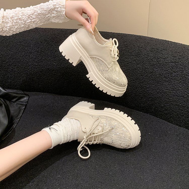Big Head Lace-up Small Leather Shoes Women's 2025 Spring and Summer New Small Platform Women's Shoes Fashionable Heightening Loafers