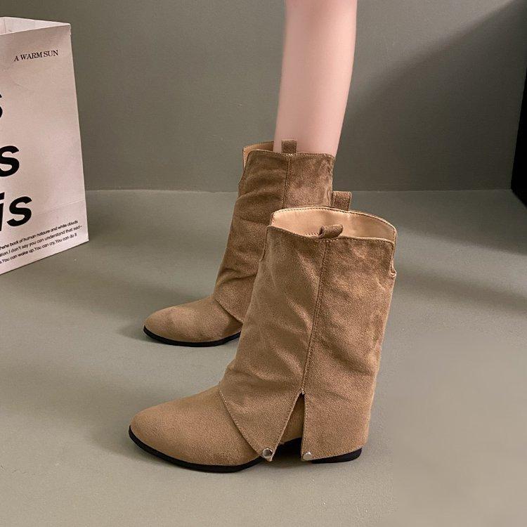 Sheepskin version! Retro western cowboy boots women's design sense pointed trousers boots thick heel v mouth thin pile short boots