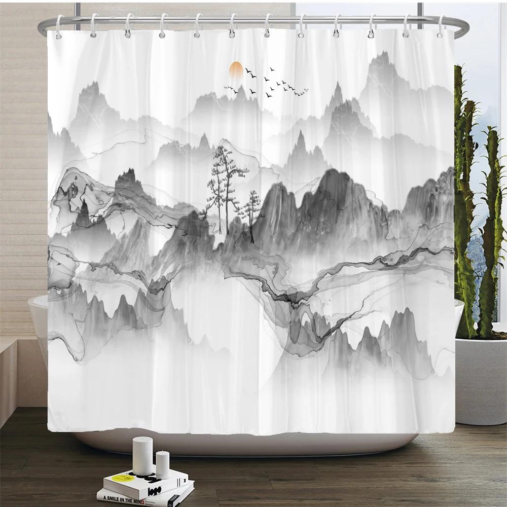 Chinese Ink Painting Landscape Bath Curtain Waterproof Shower Curtains Marble Pattern Bath Screen Printed Curtain for Bathroom