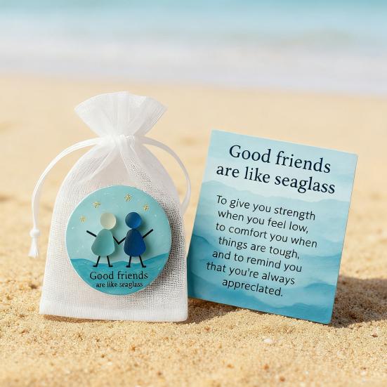 Friendship Sea Glass Christmas Ornament Inspirational Card with Acrylic Charm In Mesh Bag Meaningful Gift for Best Friends Lasting Bonds