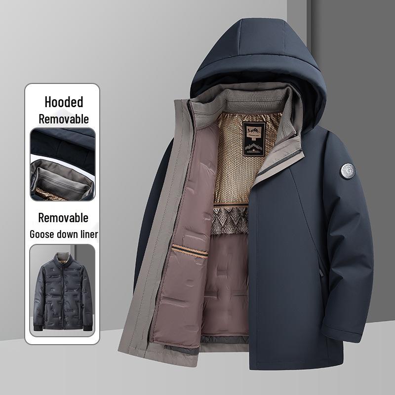Men's Windproof Winter Down Jacket with Detachable Liner - Middle-Aged Business Style