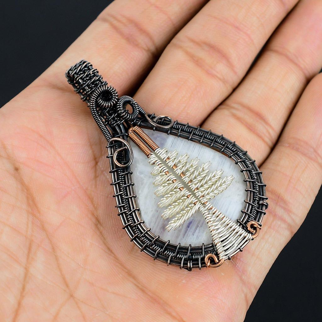 Rainbow Moonstone Pendant Gemstone Jewelry, 999 Copper Wire Wrapped Pendant, Handmade Beautiful Jewelry Pendant