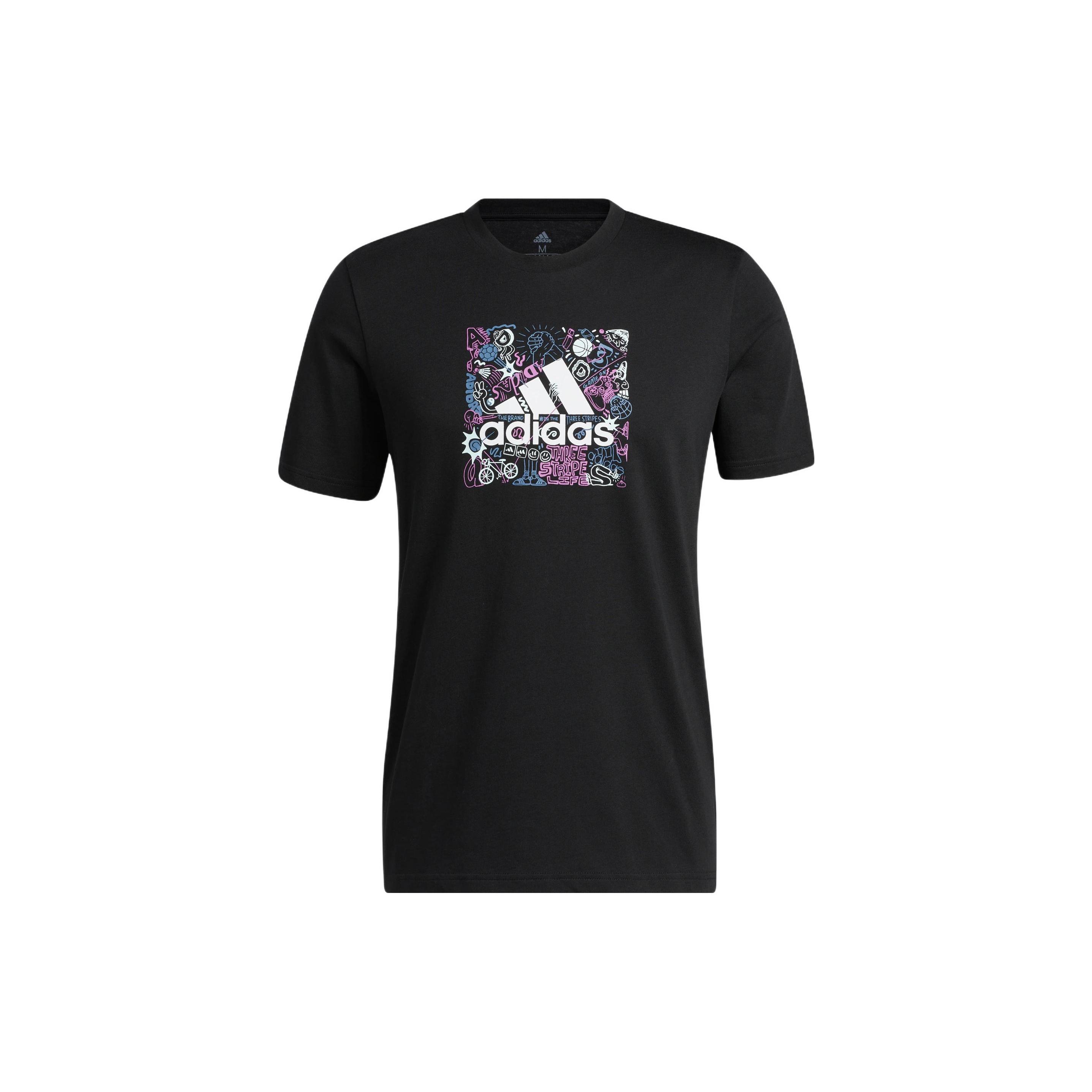 Men s adidas Cartoon Graffiti Alphabet Logo Pattern Printing Round Neck Short Sleeve Black T-Shirt IB9427 S