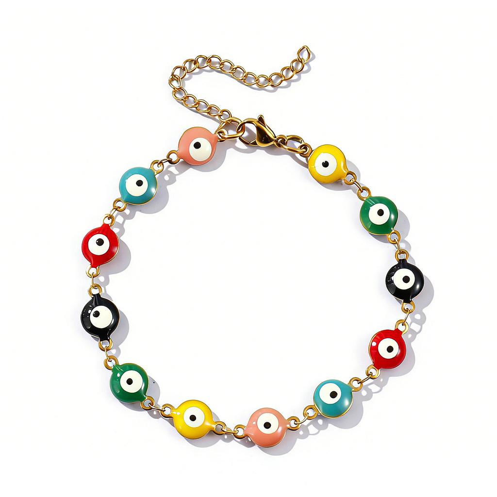 Evil Eye Double-sided Enamel Bracelets 304 Stainless Steel Handmade Link Chain Religious Retro Gift Jewelry 16.5cm(6 4/8") long