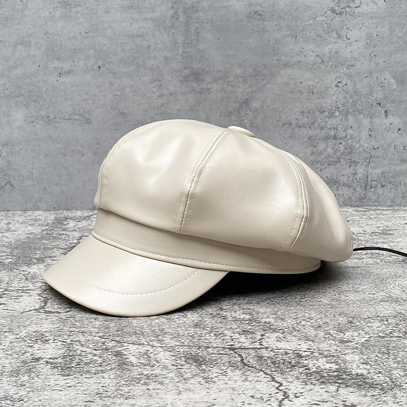 Big Head Circumference Beige Leather Octagonal Hat Women'S Season Trendy British Retro Painter Hat Japanese Beret