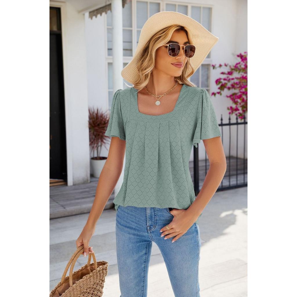 Spring Summer Women's Solid Color Square Neck Ruched Short Sleeve Loose T-shirt Top Casual Streetwear