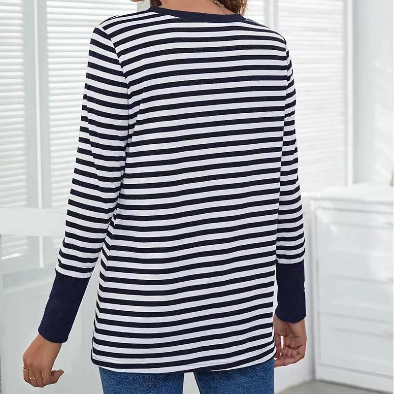 Ladies Autumn Winter Long Sleeve O Neck Striped Loose Pullover T Shirt Top with Pocket