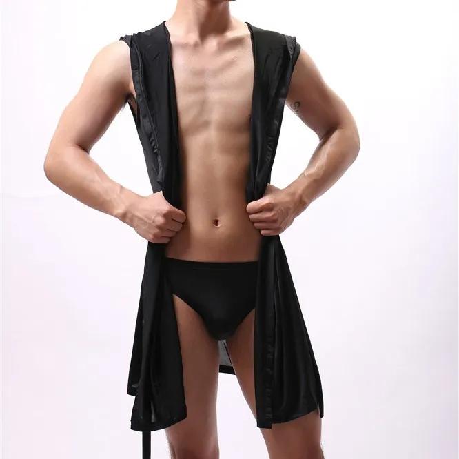 

Европейская версия, мужской халат, мужская шелковистая пижама без рукавов, мужская ночная рубашка с капюшоном, халат, мужская ультратонкая домашняя одежда XXXXL