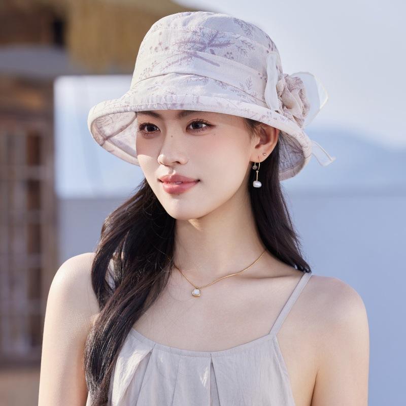 Sun Hat Lady Summer Fashion Embroidery Show Face Small and Light Sun Protection Bucket Hat Mother Beach Organza Hat