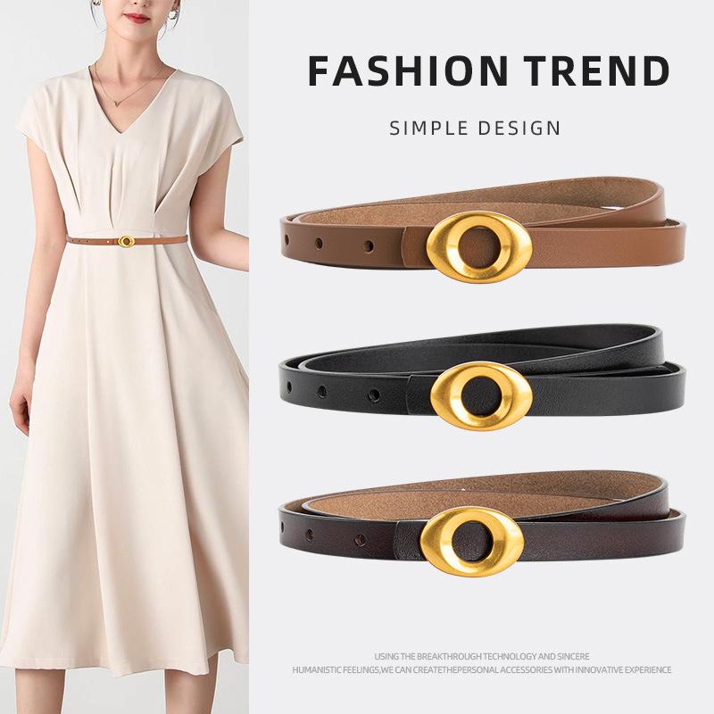 Genuine Leather Fashion Cowhide Belt Women's High-end Round Gold Buckle Versatile Fashion Dress Decorative Thin Belt Women
