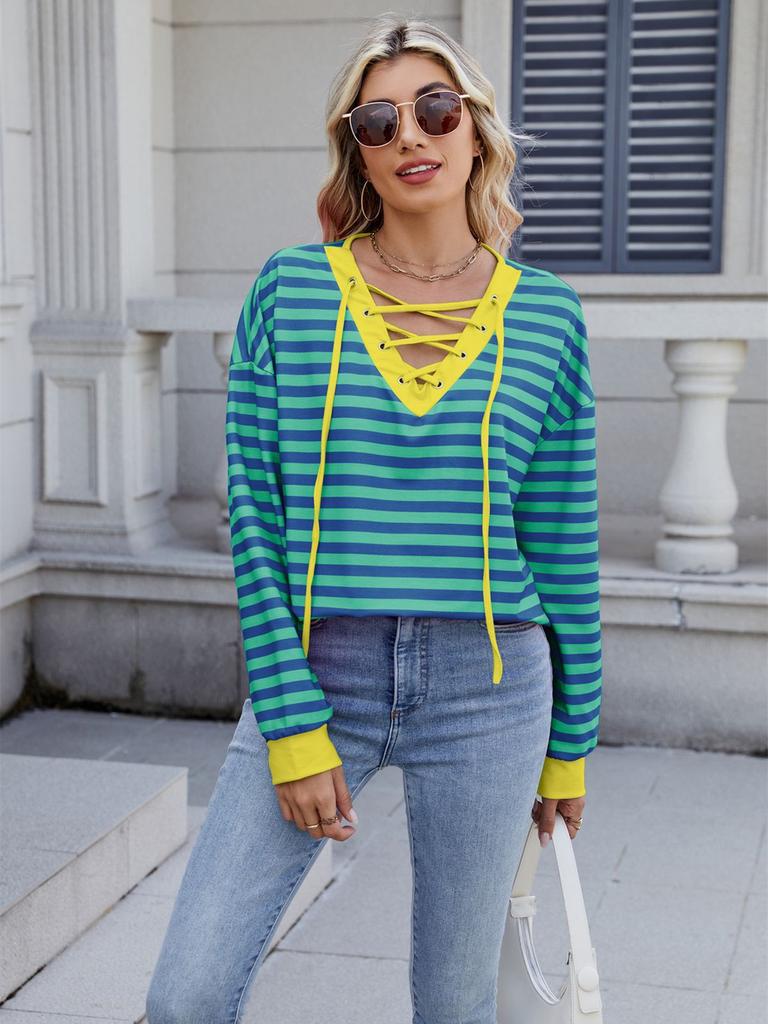 Spring/Summer New Style Striped V-Neck Sweatshirt with Tying Long Sleeve for Women