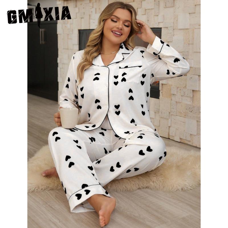GMXIA Pajamas Women's Cardigan Long-sleeved Trousers Homewear Plus Size Two-piece Set