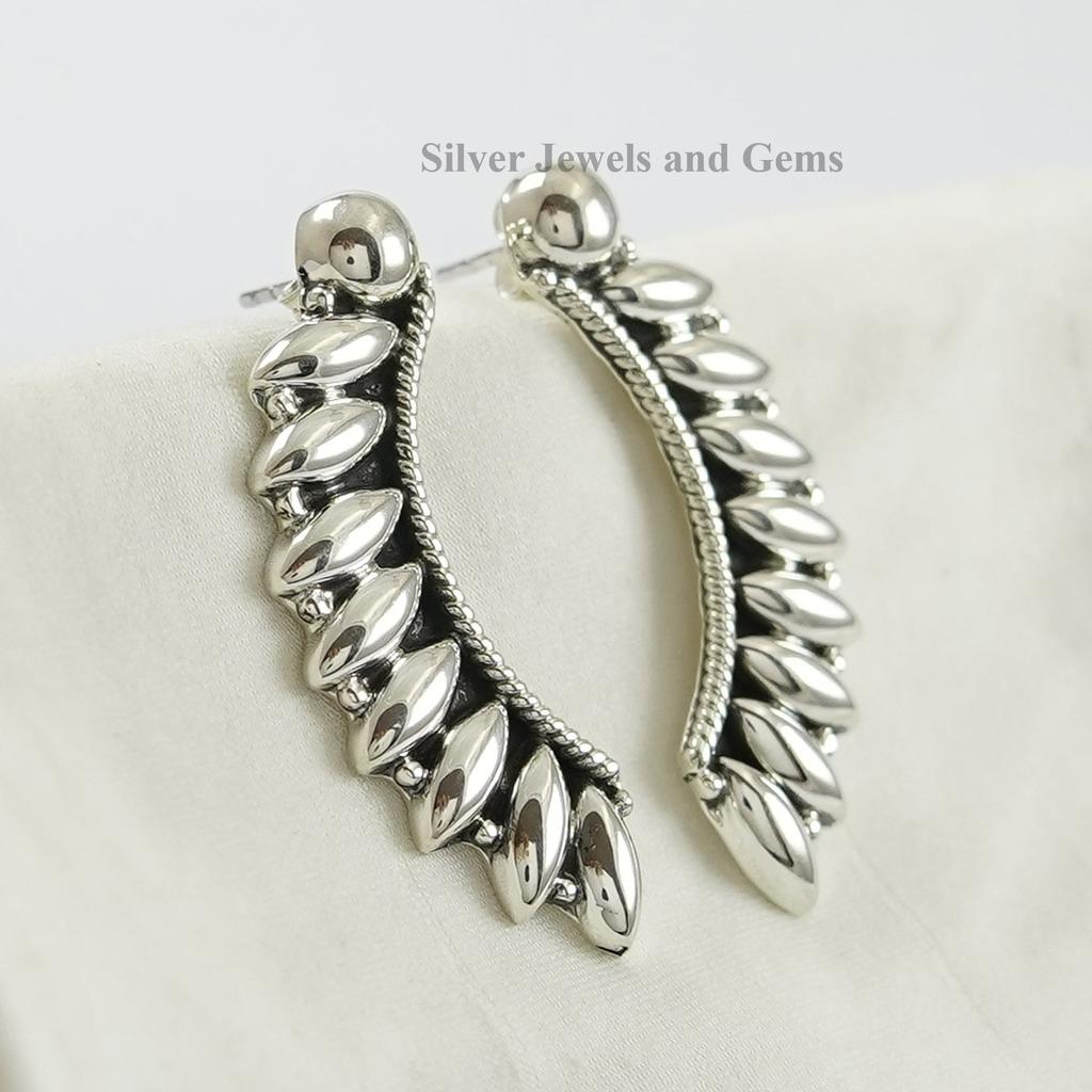 Sterling Silver Ear Jacket Stud Earrings: Puffy Leaf Boho Jewelry