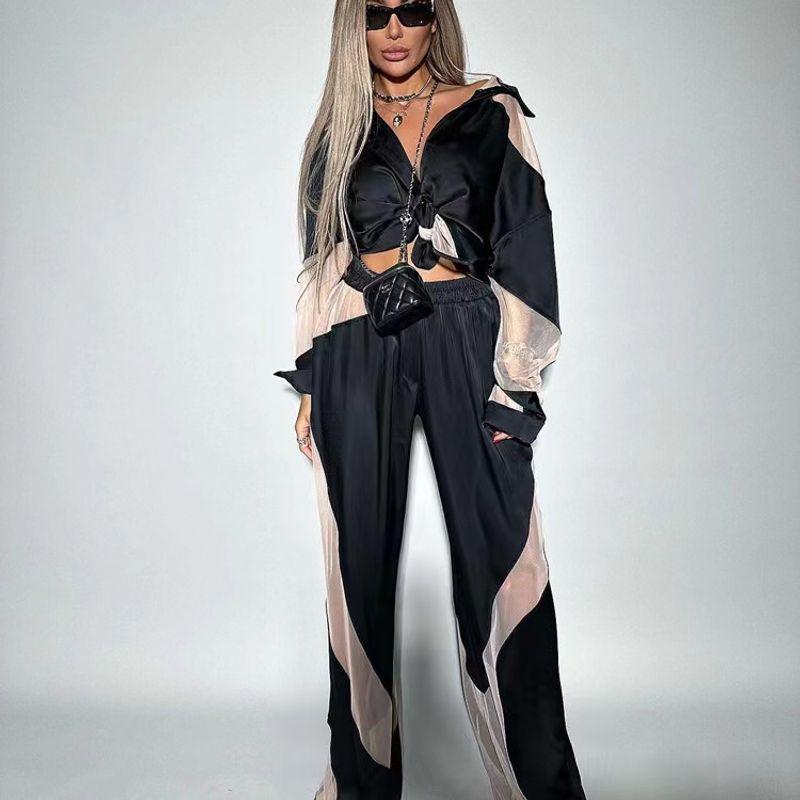 

European and American Stitching Transparent Shirt Pants Suit Split Perspective Shirt Pants Set Black S