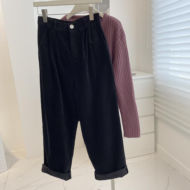 Women's Autumn and Winter Plus Size Corduroy Trousers Warm Tall Waisted Thin Loose Casual Corduroy Wide Legged Straight Trousers