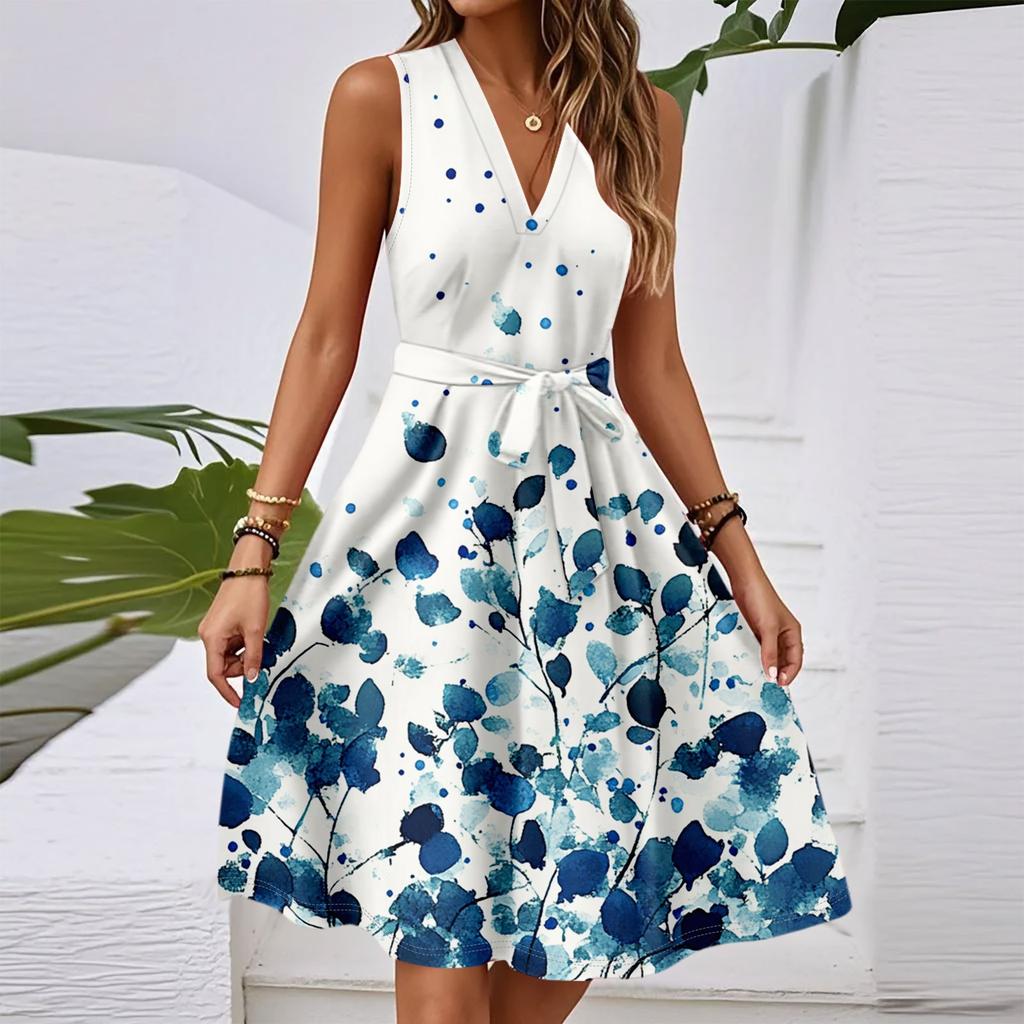 Women's Spring And Summer Casual V-Neck Sleeveless Waist Floral Print Midi Dress