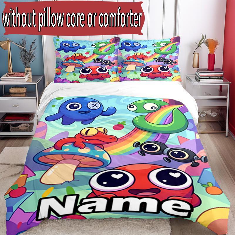 3pcs Duvet Cover Set (1*Duvet Cover + 2*Pillowcase, Without Core), Custom Name Game Rainbow Friends Pattern Bedding Set, Home Bedroom Decor Gift