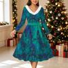 Women Floral Print Midi Dress, Long Sleeve V‑Neck Furry Trim A‑Line Party Dress, Christmas Limited Edition